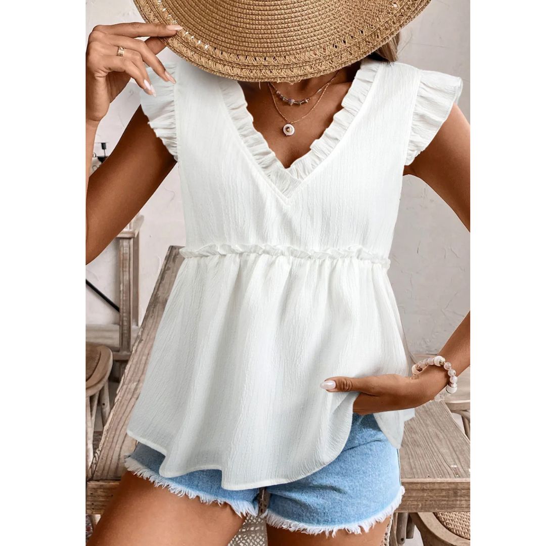 Pretty Perfection, Short Ruffle Sleeve V Neck Babydoll Top