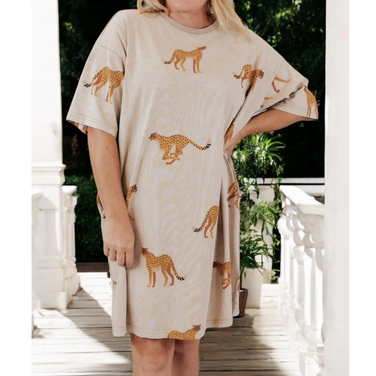 Born To Be Wild, Short Sleeve Cheetah Print T-Shirt Dress (1X-4X)