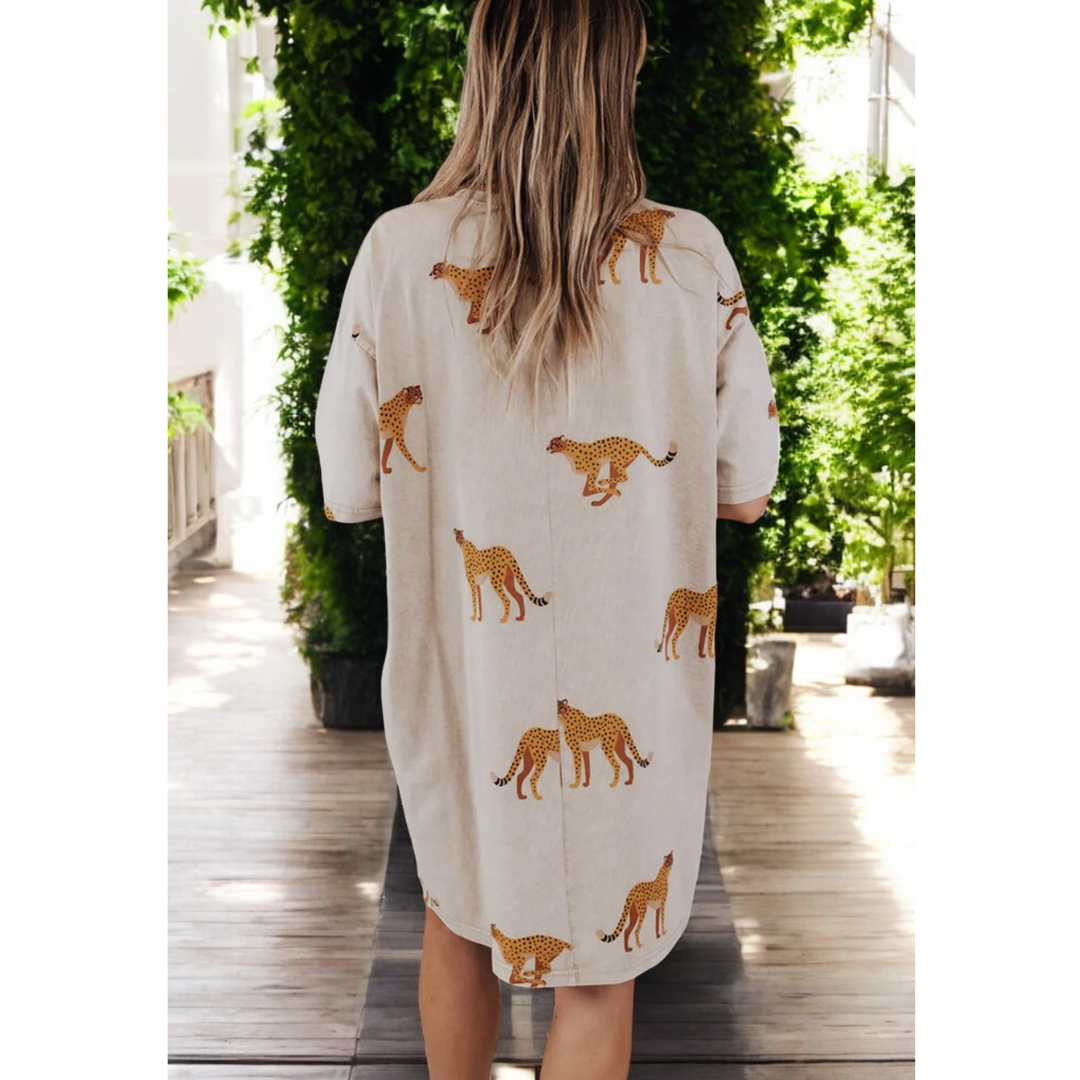 Born To Be Wild, Short Sleeve Cheetah Print T-Shirt Dress (1X-4X)