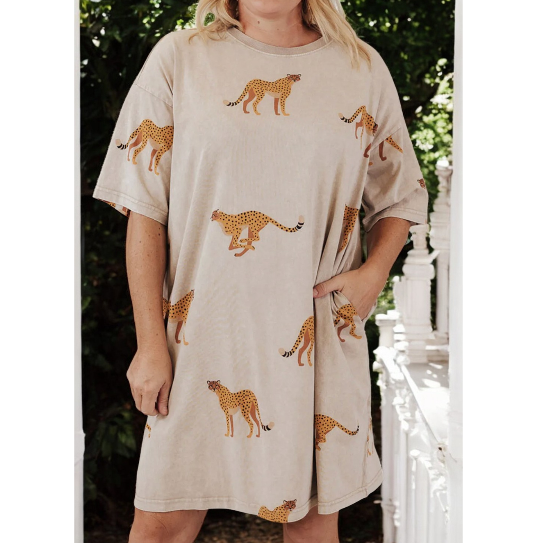Born To Be Wild, Short Sleeve Cheetah Print T-Shirt Dress (1X-4X)