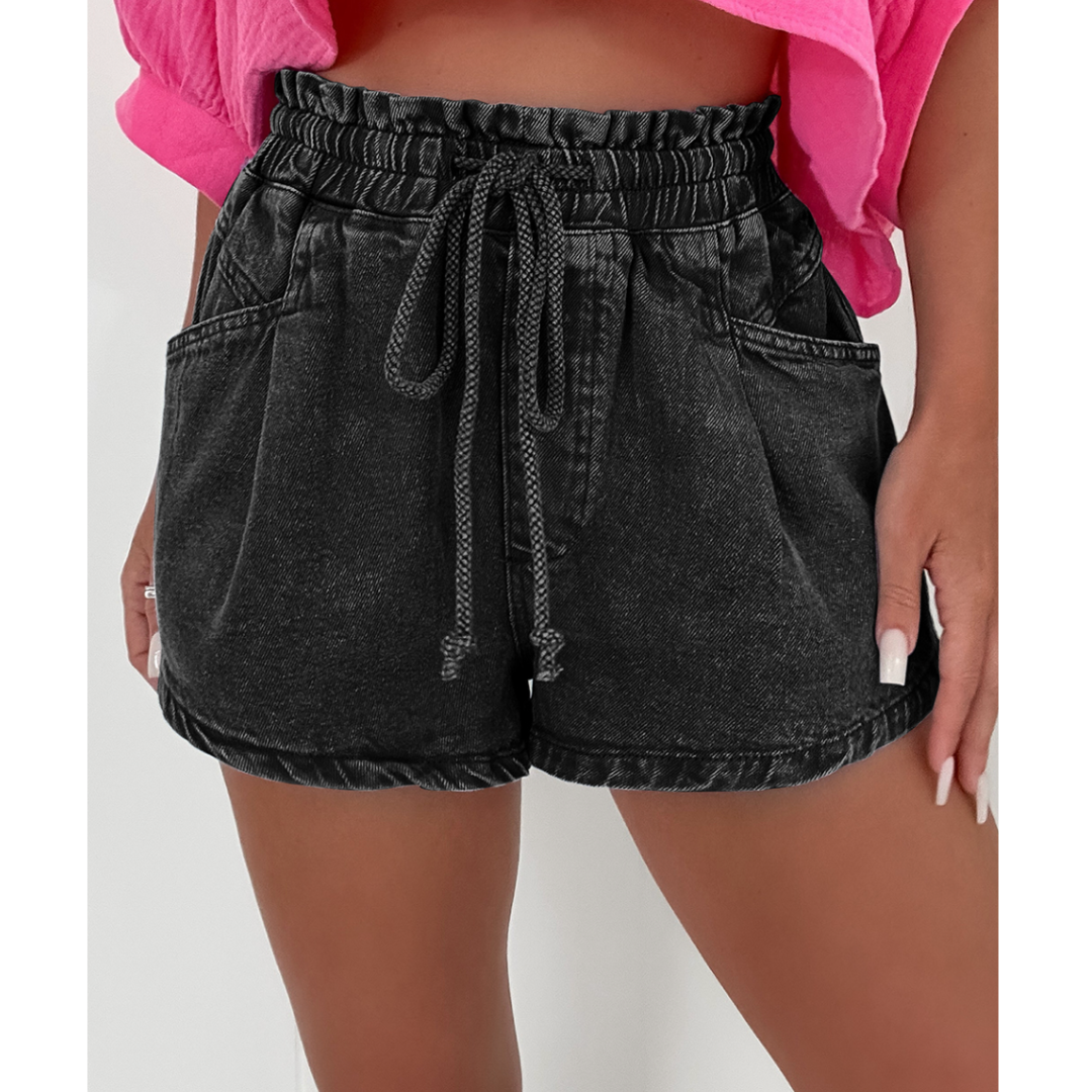 Giddy Up Cowgirl, Denim Drawstring Shorts with Pockets