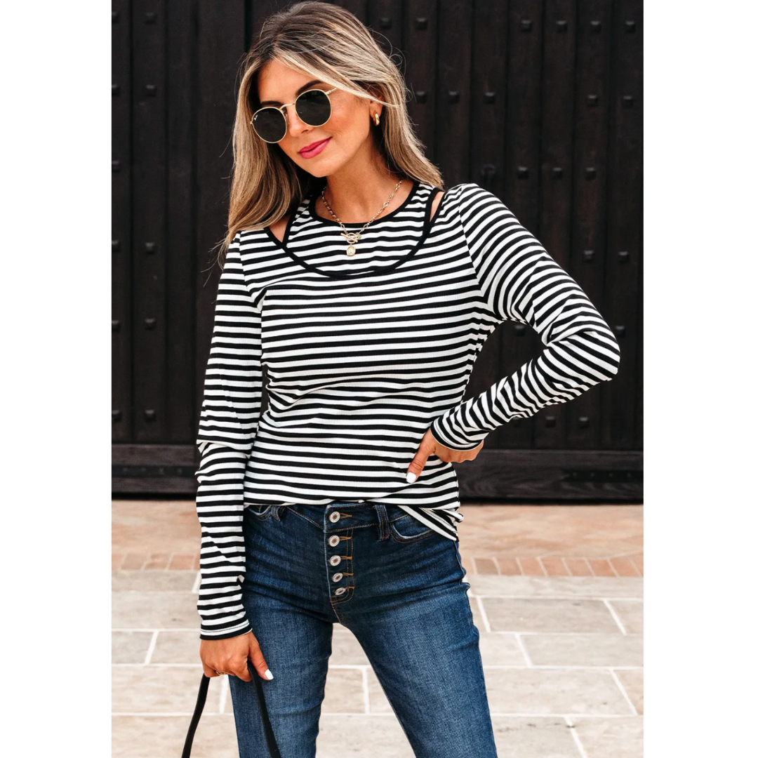 Stripes in the Spotlight, Cutout Shoulder Long Sleeve Top