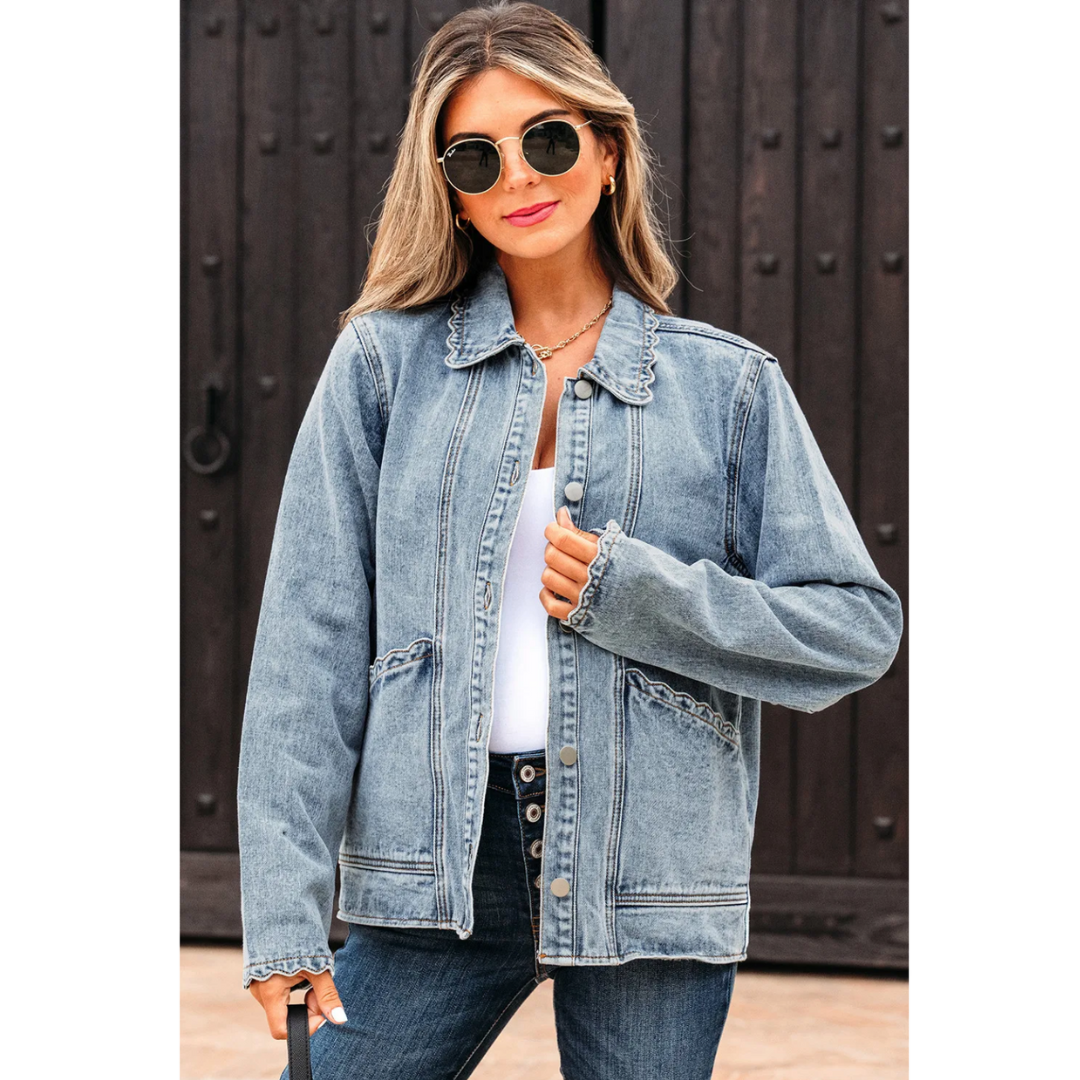 Denim Delight, Scalloped Edge Button-Up Jacket