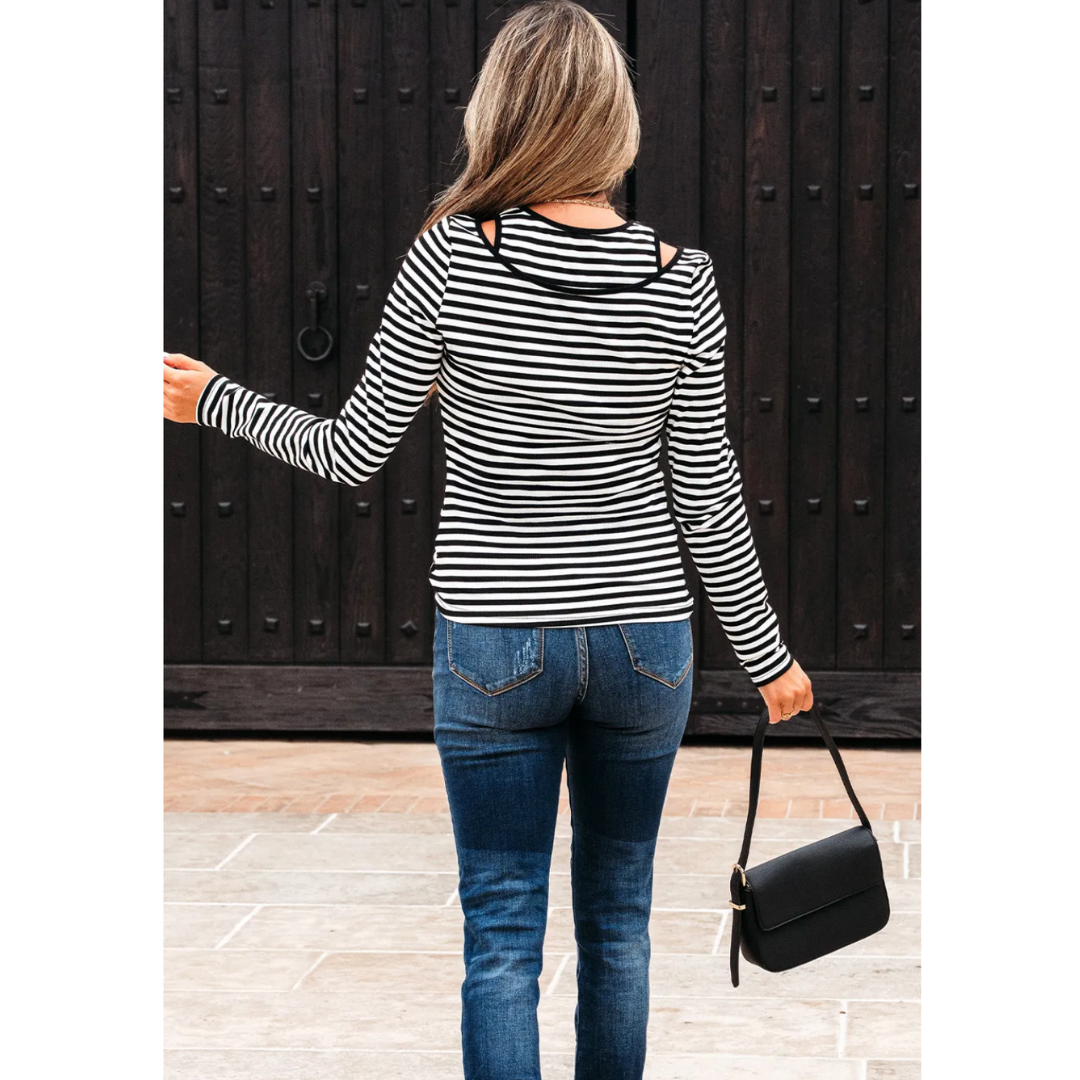 Stripes in the Spotlight, Cutout Shoulder Long Sleeve Top