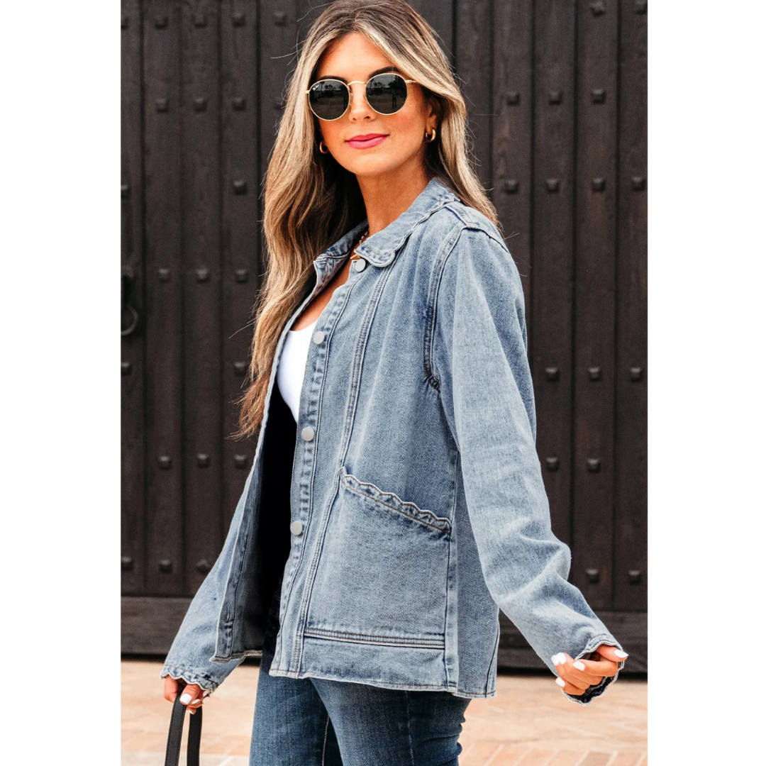 Denim Delight, Scalloped Edge Button-Up Jacket