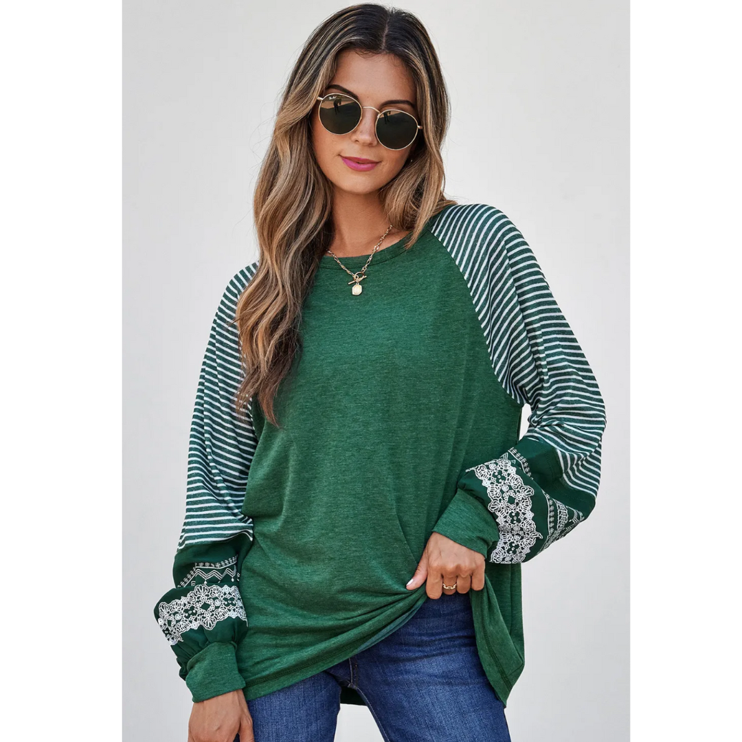 "Weekend Whimsy, Stripe & Stitch Long Sleeve Top"