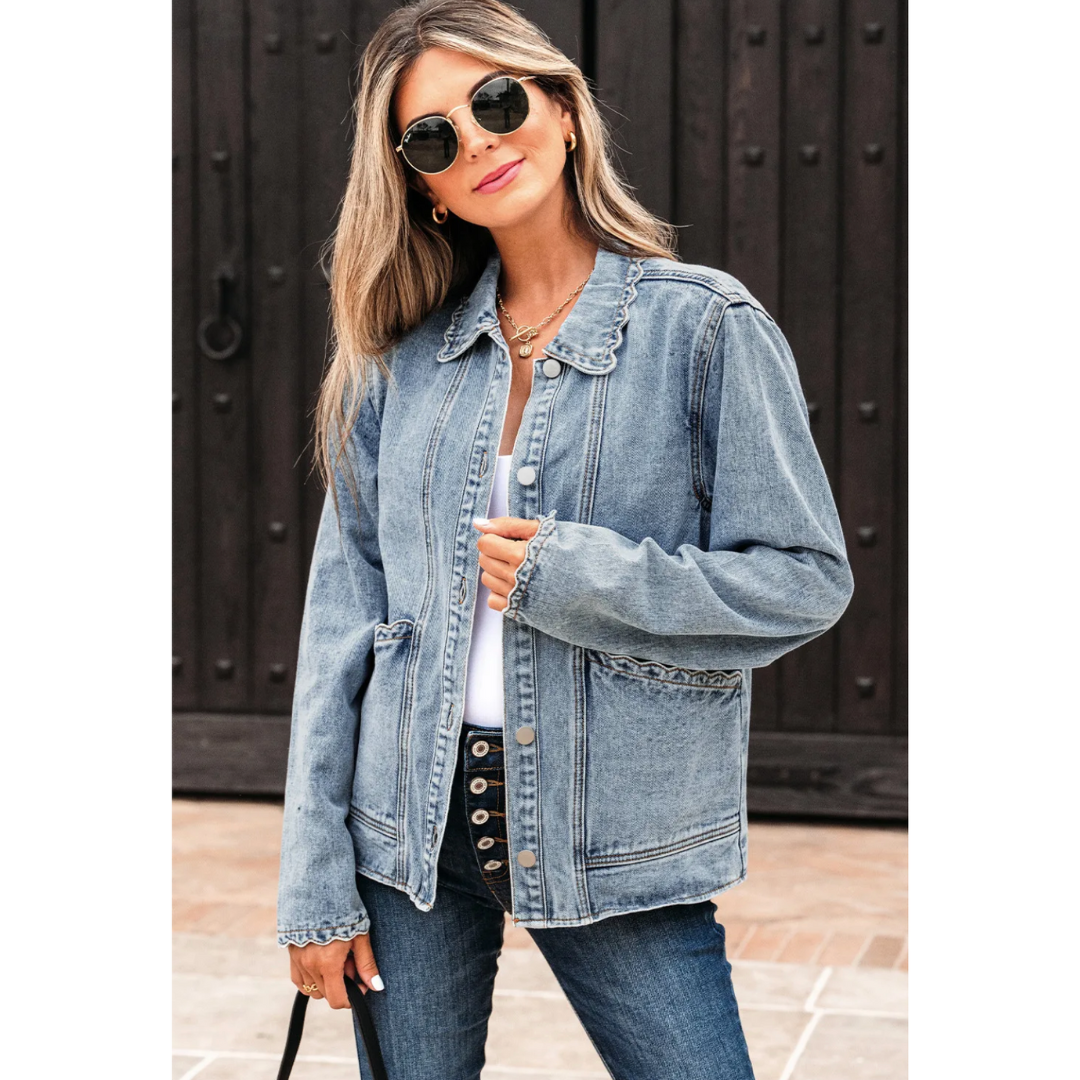 Denim Delight, Scalloped Edge Button-Up Jacket