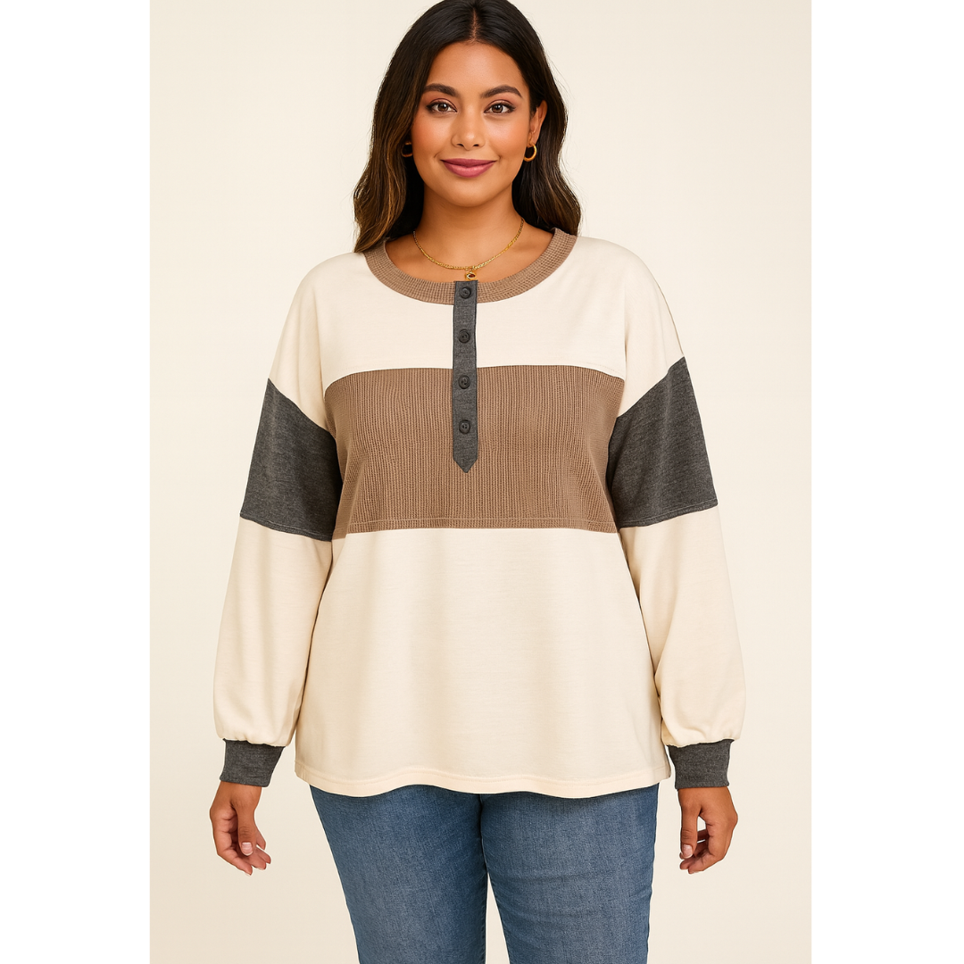 Cozy Colorblock Charm, Button Neck Waffle Knit Top