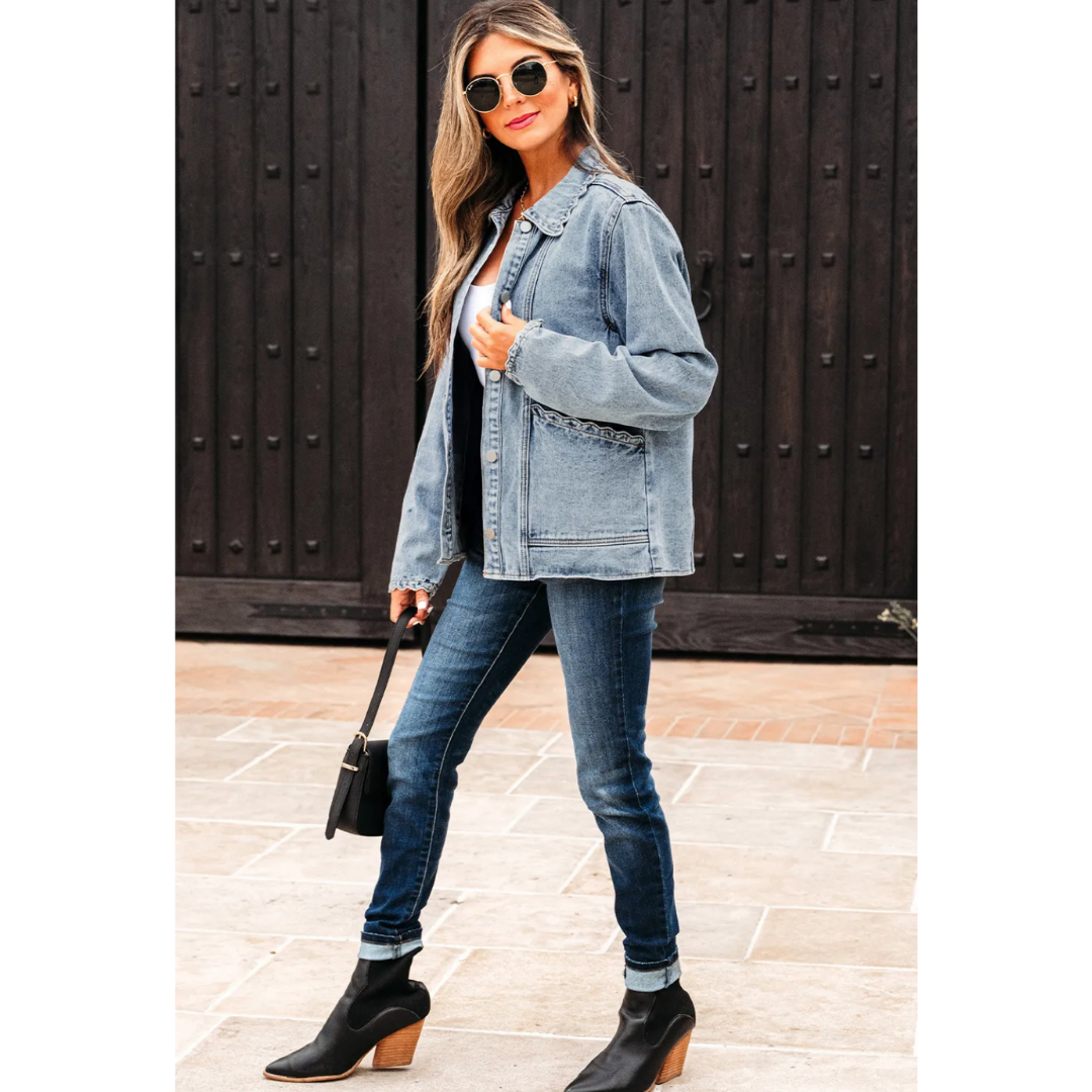 Denim Delight, Scalloped Edge Button-Up Jacket
