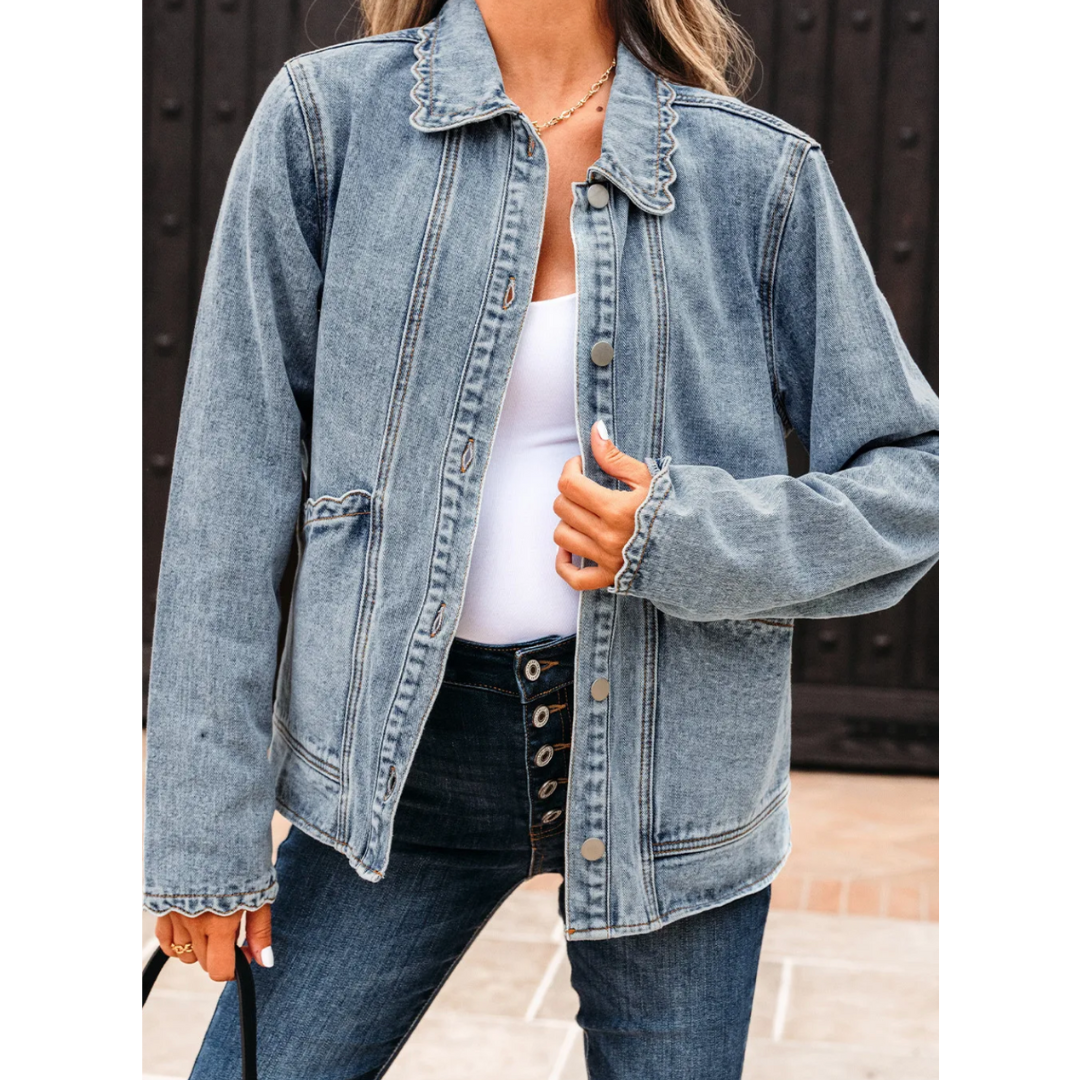 Denim Delight, Scalloped Edge Button-Up Jacket