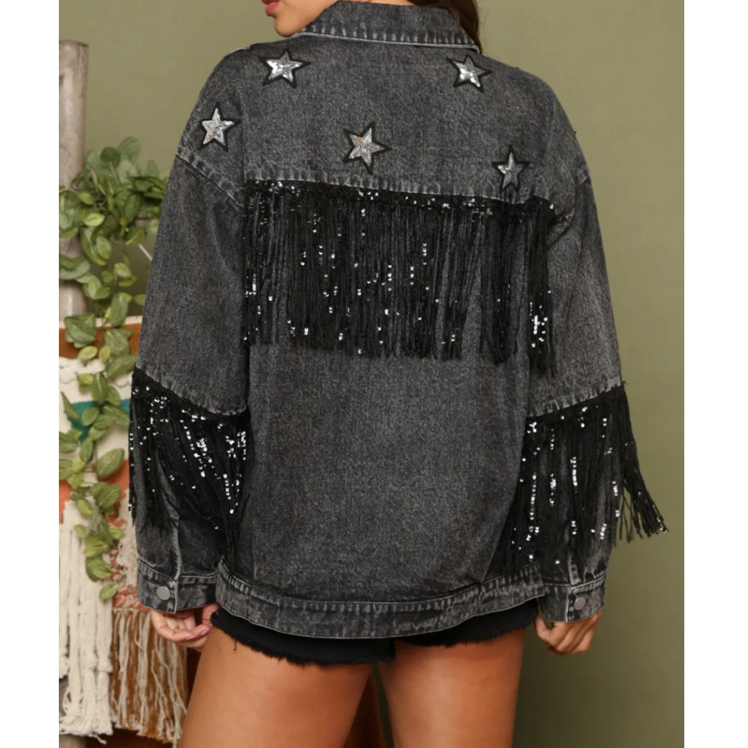 Starry Nights Sequin Fringe Denim Jacket
