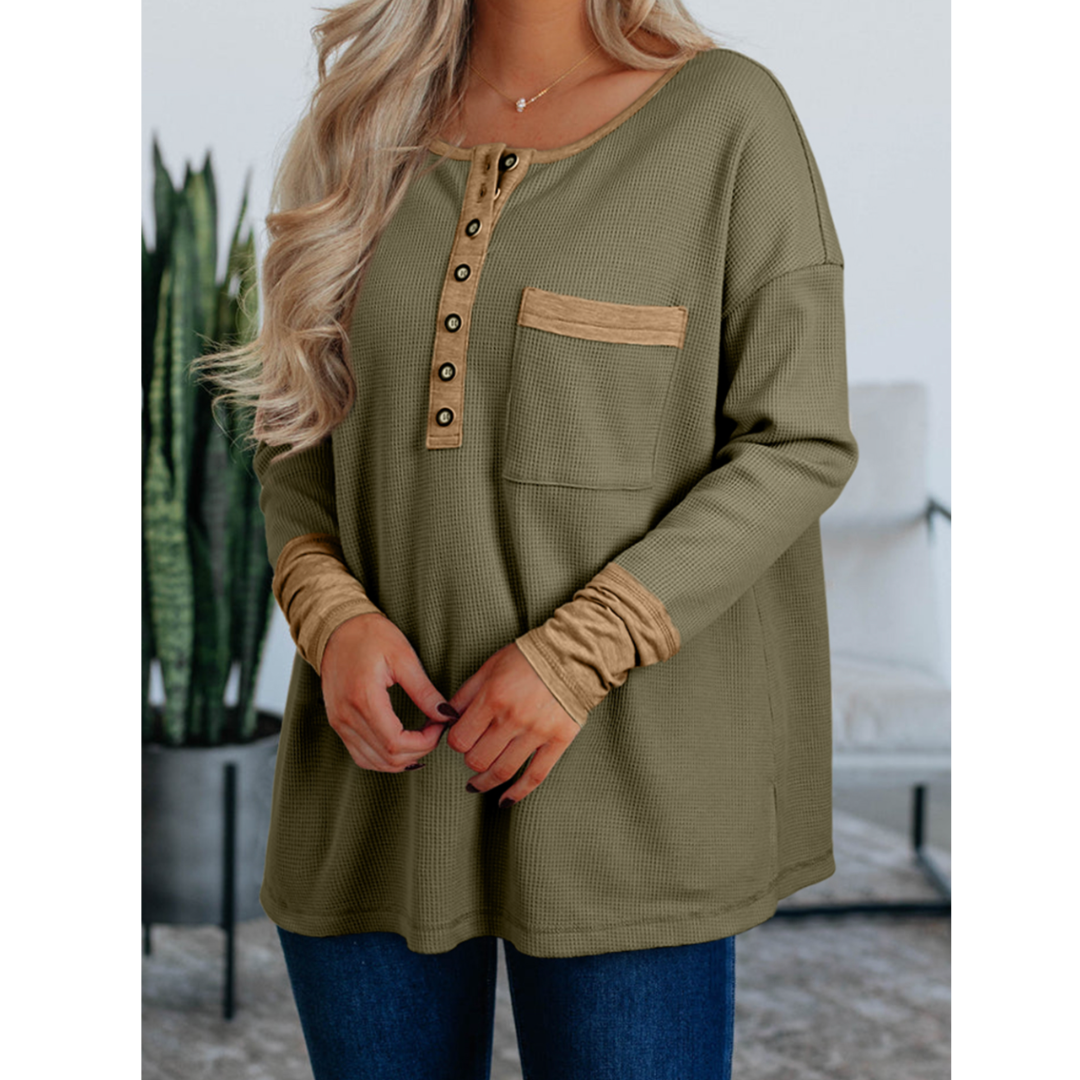 Buttoned Up Beauty, Long Sleeve Waffle Knit Top