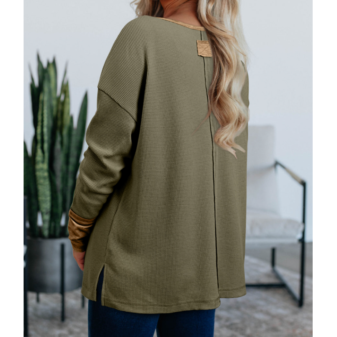 Buttoned Up Beauty, Long Sleeve Waffle Knit Top