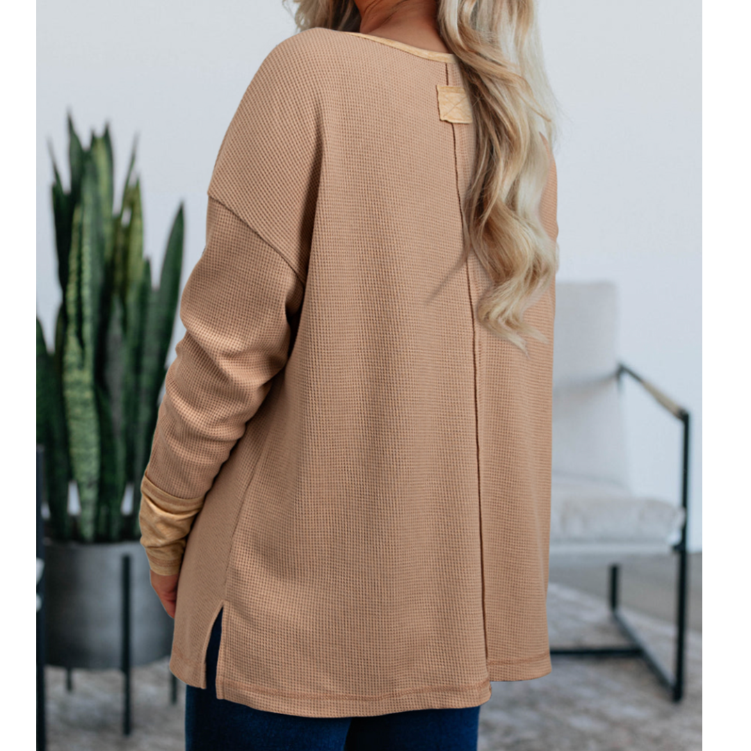 Buttoned Up Beauty, Long Sleeve Waffle Knit Top
