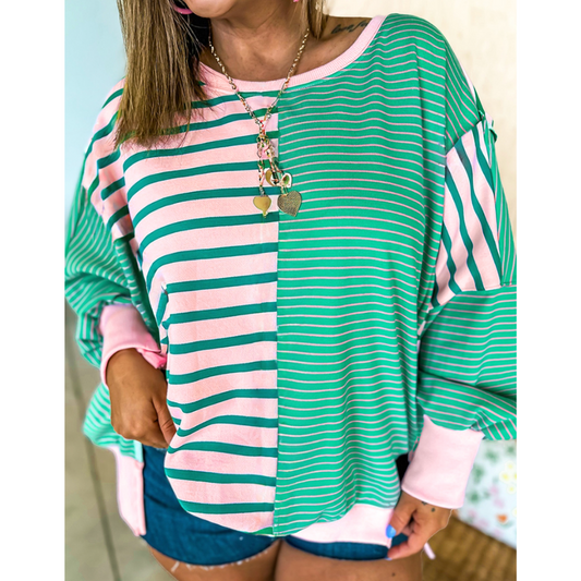 Cute and Comfy, Long Sleeve Stripe Colorblock Top (1X-4X)