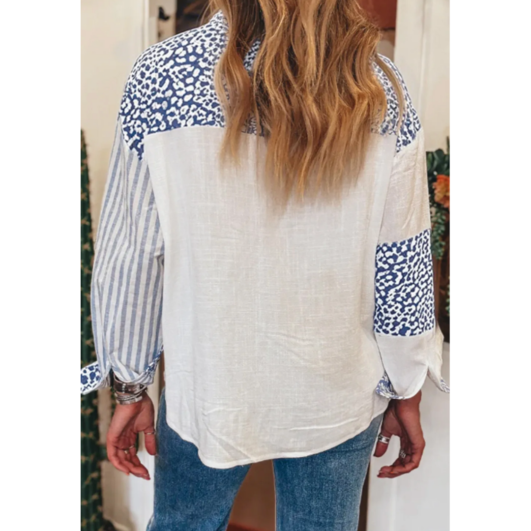 Always Included, Long Sleeve Stripe Leopard Colorblock Shirt