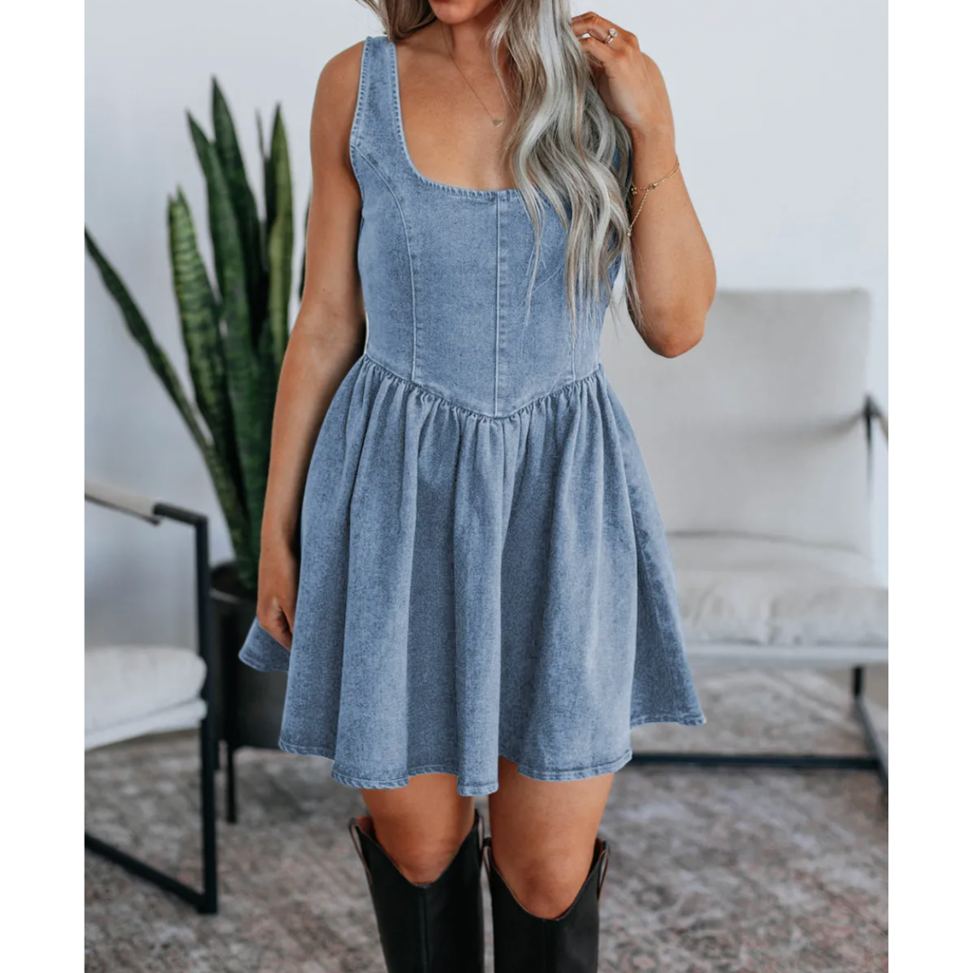 Grab Your Cowgirl Boots, It's Go Time, Denim Dress with Low Back Bowtie