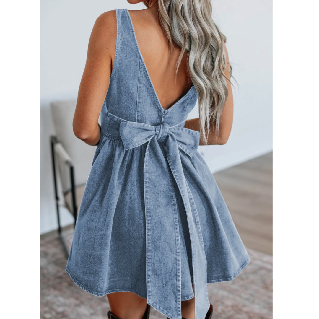 Grab Your Cowgirl Boots, It's Go Time, Denim Dress with Low Back Bowtie