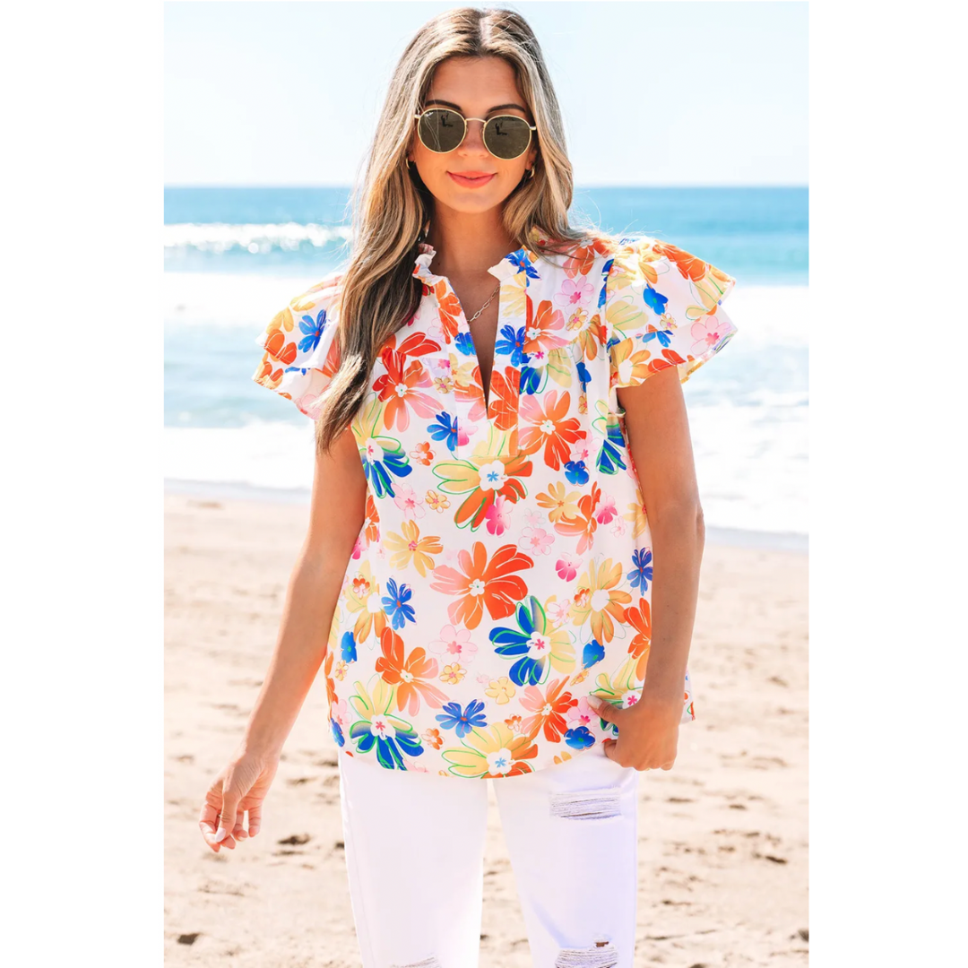 Stop Searching, Short Ruffle Sleeve Notched V Neck Floral Top