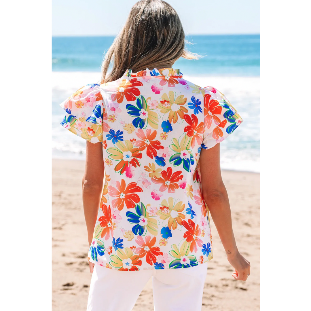 Stop Searching, Short Ruffle Sleeve Notched V Neck Floral Top
