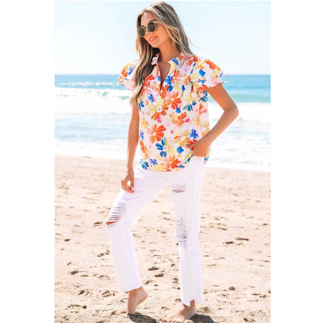 Stop Searching, Short Ruffle Sleeve Notched V Neck Floral Top