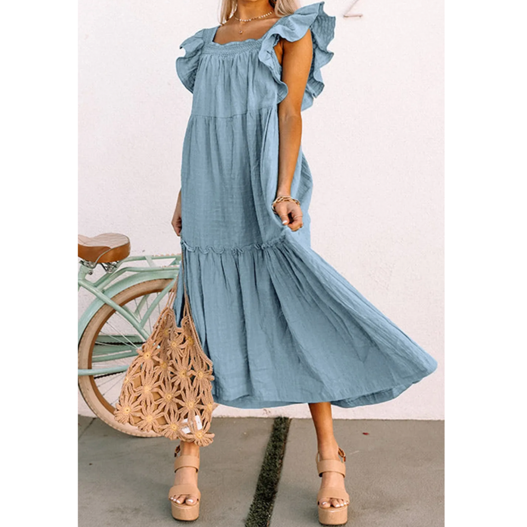 Off To Conquer The World, Short Ruffle Sleeve Midi Dress