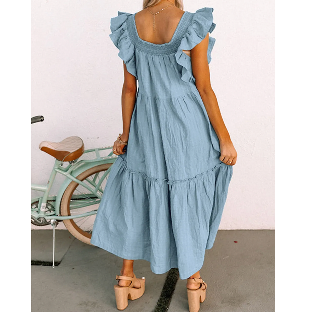 Off To Conquer The World, Short Ruffle Sleeve Midi Dress