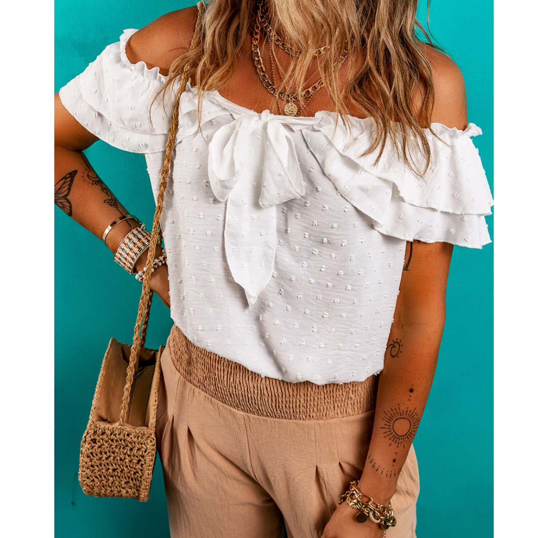 In Your Sights, On/Off Shoulder Swiss Dot Blouse