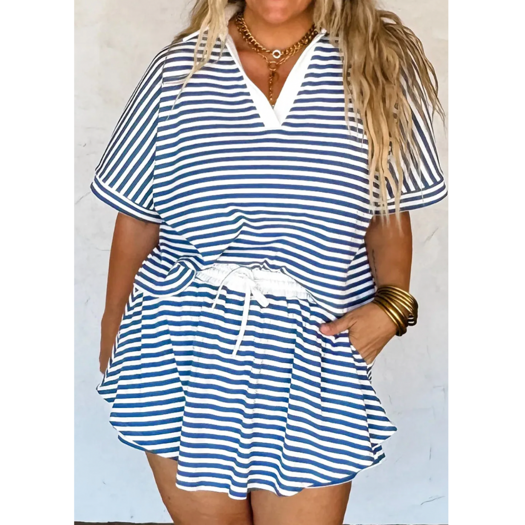 Just Living Life, Short Sleeve V Neck Stripe Skort Set (1X-4X)