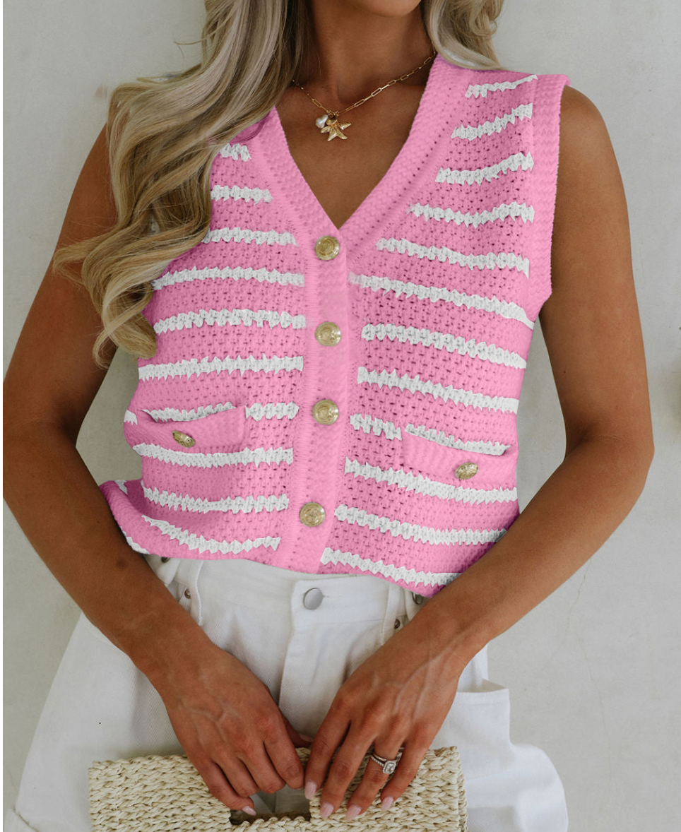 Just Walk By, Sleeveless V Neck Button Down Sweater Tank