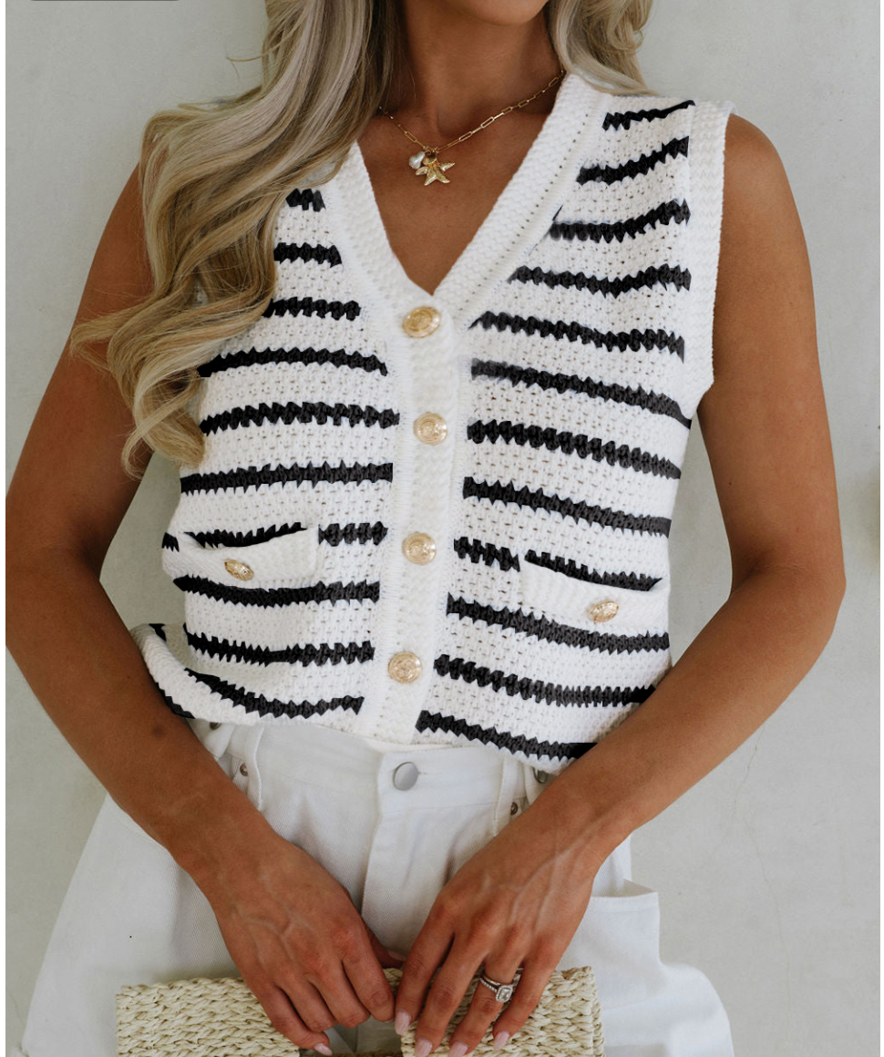Just Walk By, Sleeveless V Neck Button Down Sweater Tank