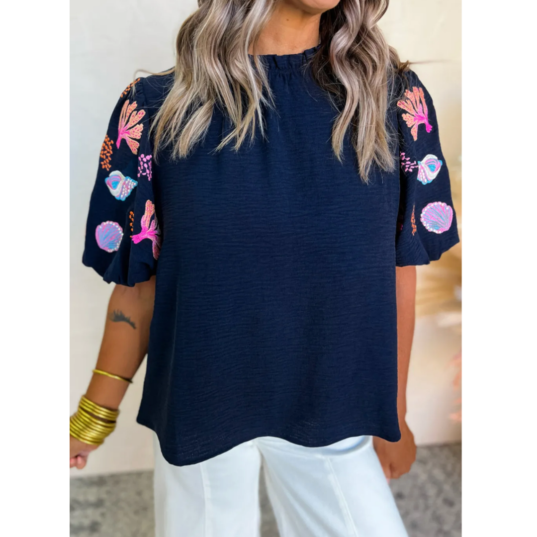 Vibrant Ocean Views, Embroidered Short Sleeve Top