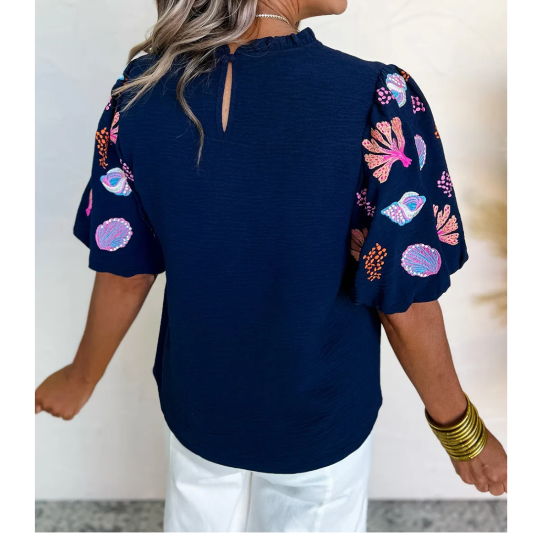 Vibrant Ocean Views, Embroidered Short Sleeve Top