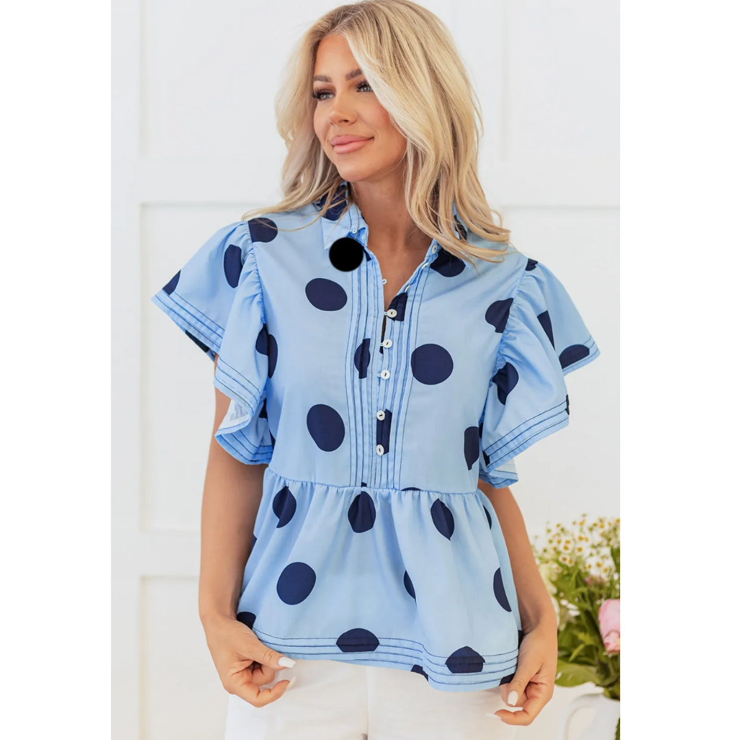 You Look Wonderful Today, Short Ruffle Sleeve Polka Dot Blouse