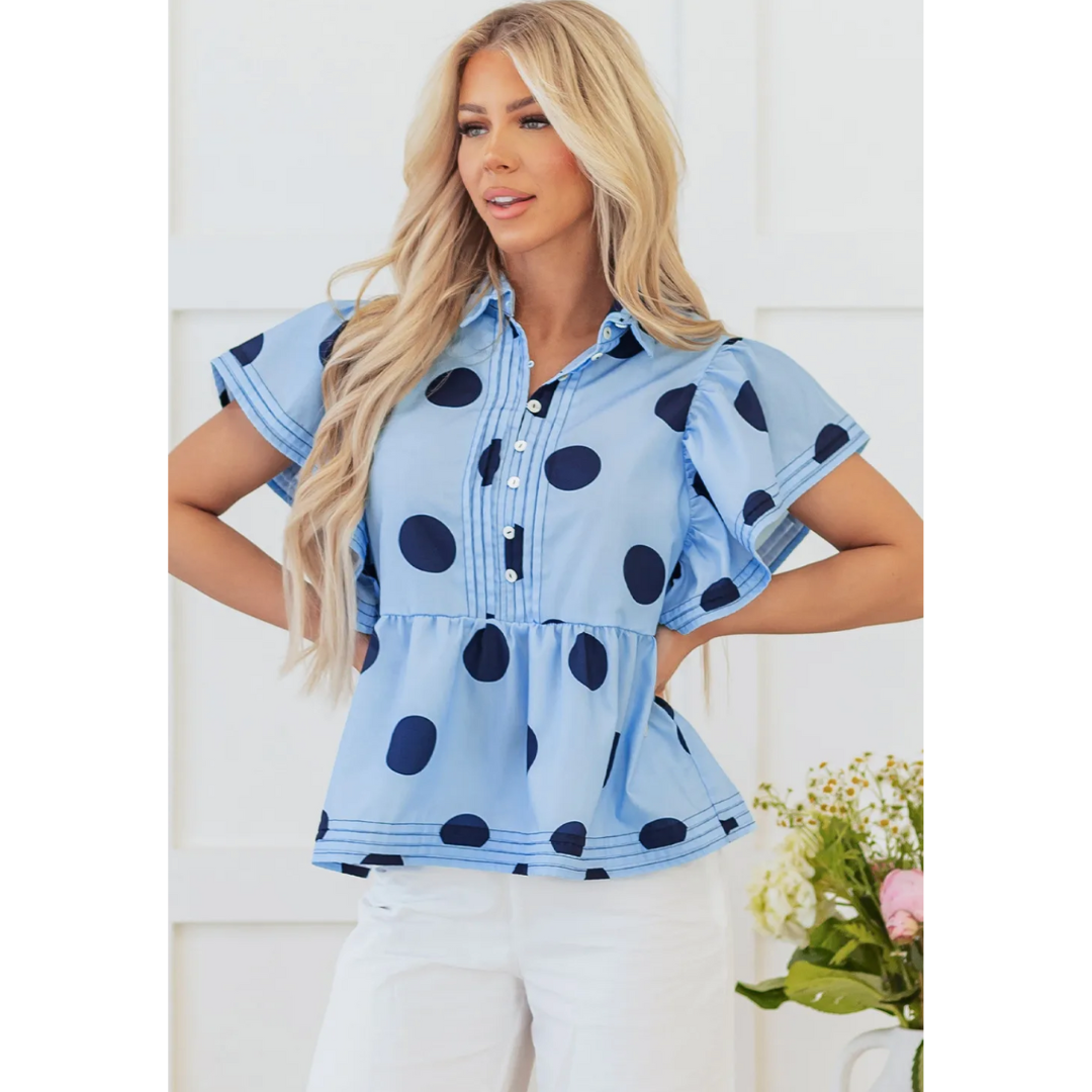 You Look Wonderful Today, Short Ruffle Sleeve Polka Dot Blouse