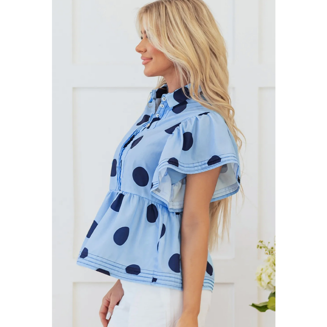 You Look Wonderful Today, Short Ruffle Sleeve Polka Dot Blouse