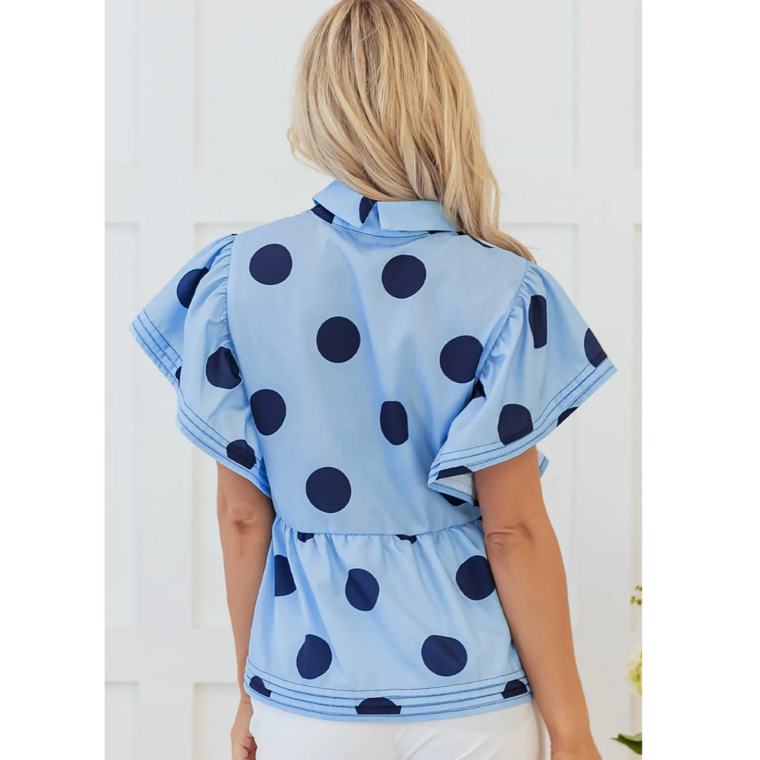 You Look Wonderful Today, Short Ruffle Sleeve Polka Dot Blouse