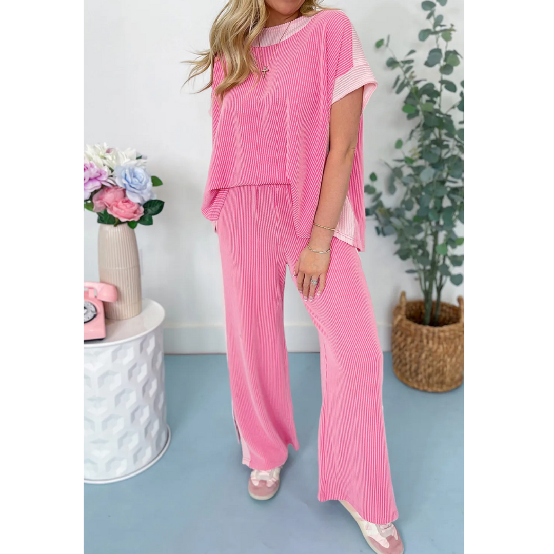 Doesn't Get any Better, Short Sleeve Corded Pant Set with Side Slits