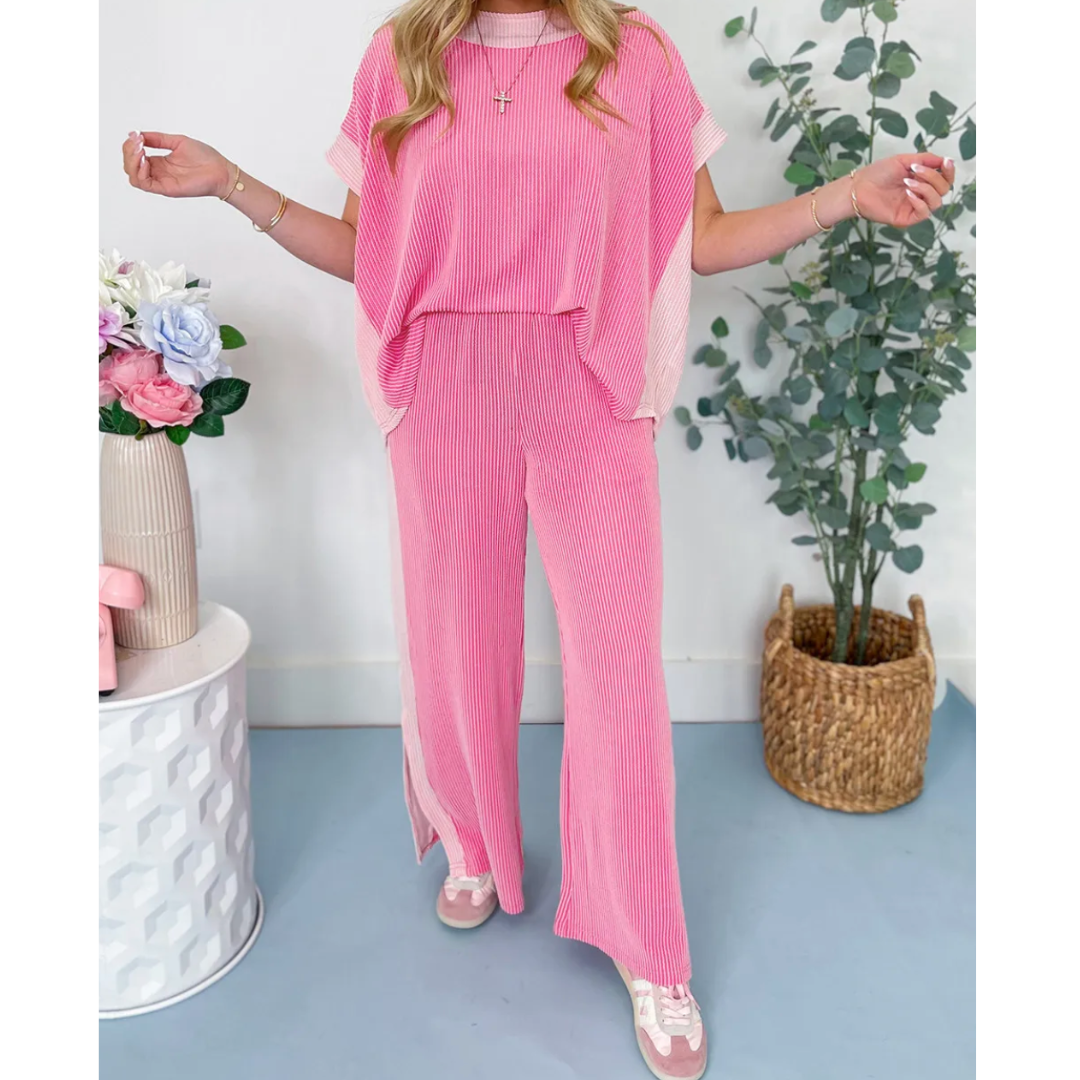Doesn't Get any Better, Short Sleeve Corded Pant Set with Side Slits
