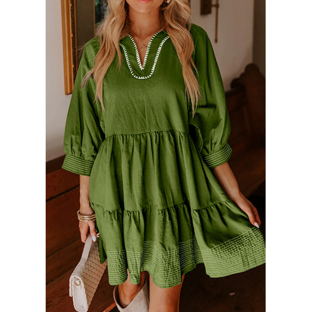 Striped Hem 3/4 Sleeve Tiered Dress Green / S