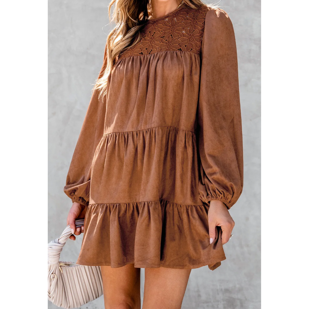 Chestnut Floral Lace Crochet Tiered Ruffled Mini Dress Chestnut / S / 90%Polyester+10%Elastane