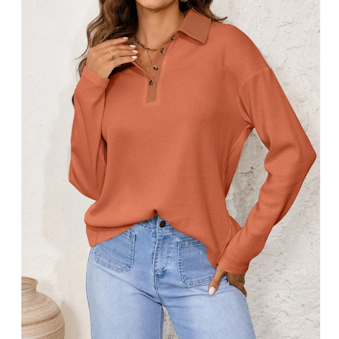 Autumn Clay Button-Up Waffle Top