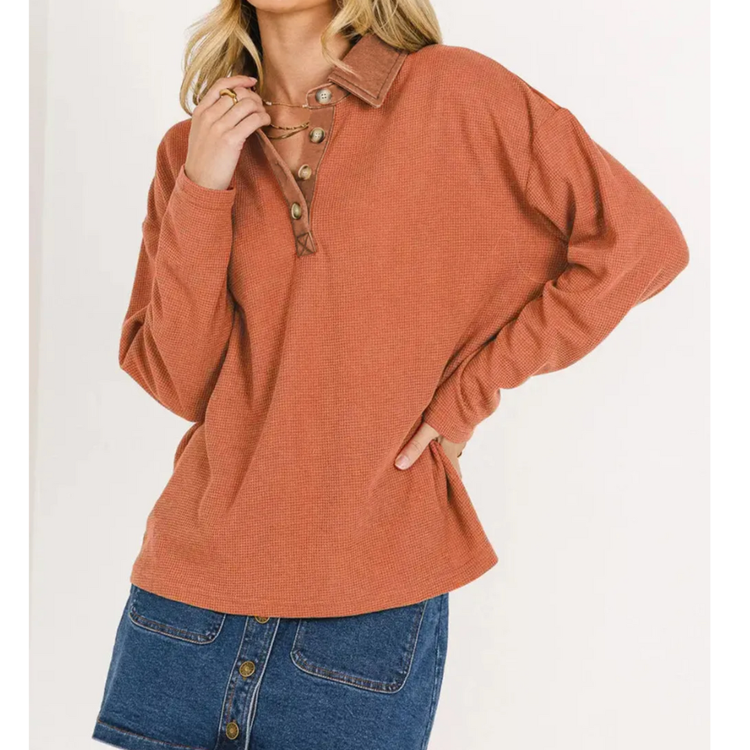 Autumn Clay Button-Up Waffle Top