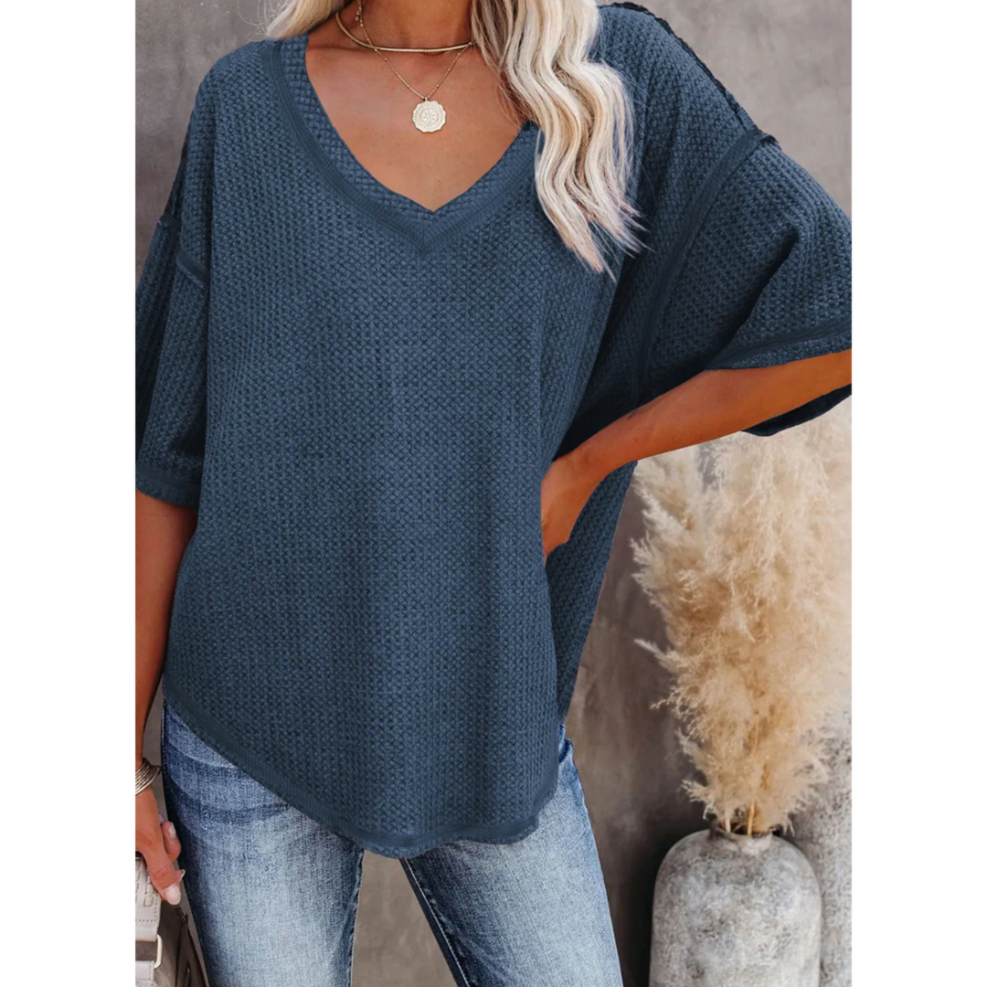 The Cozy Waffle Knit V-Neck Top