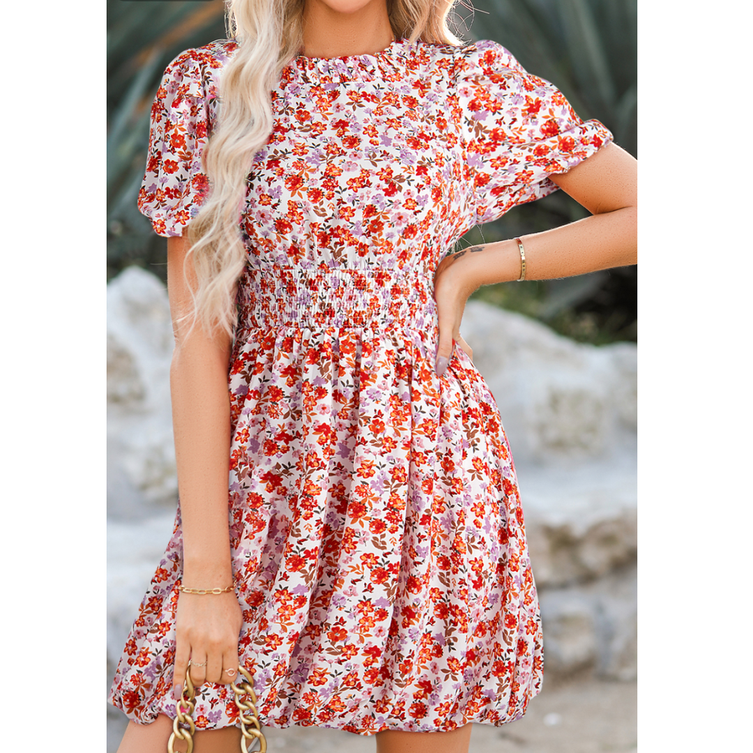 Blossoms in the Breeze, Smocked Puff Sleeve Mini Dress