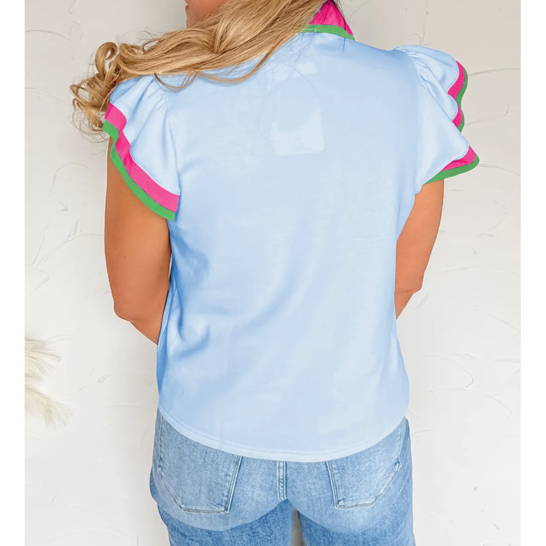 TRULY Happy, Short Ruffle Sleeve Collar V Neck Top