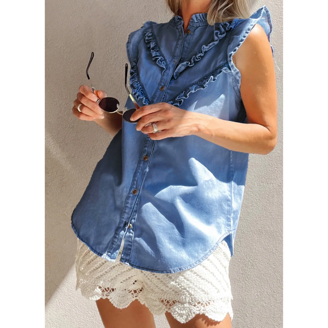 Southern Charm, Short Ruffle Sleeve Button Down Denim Top
