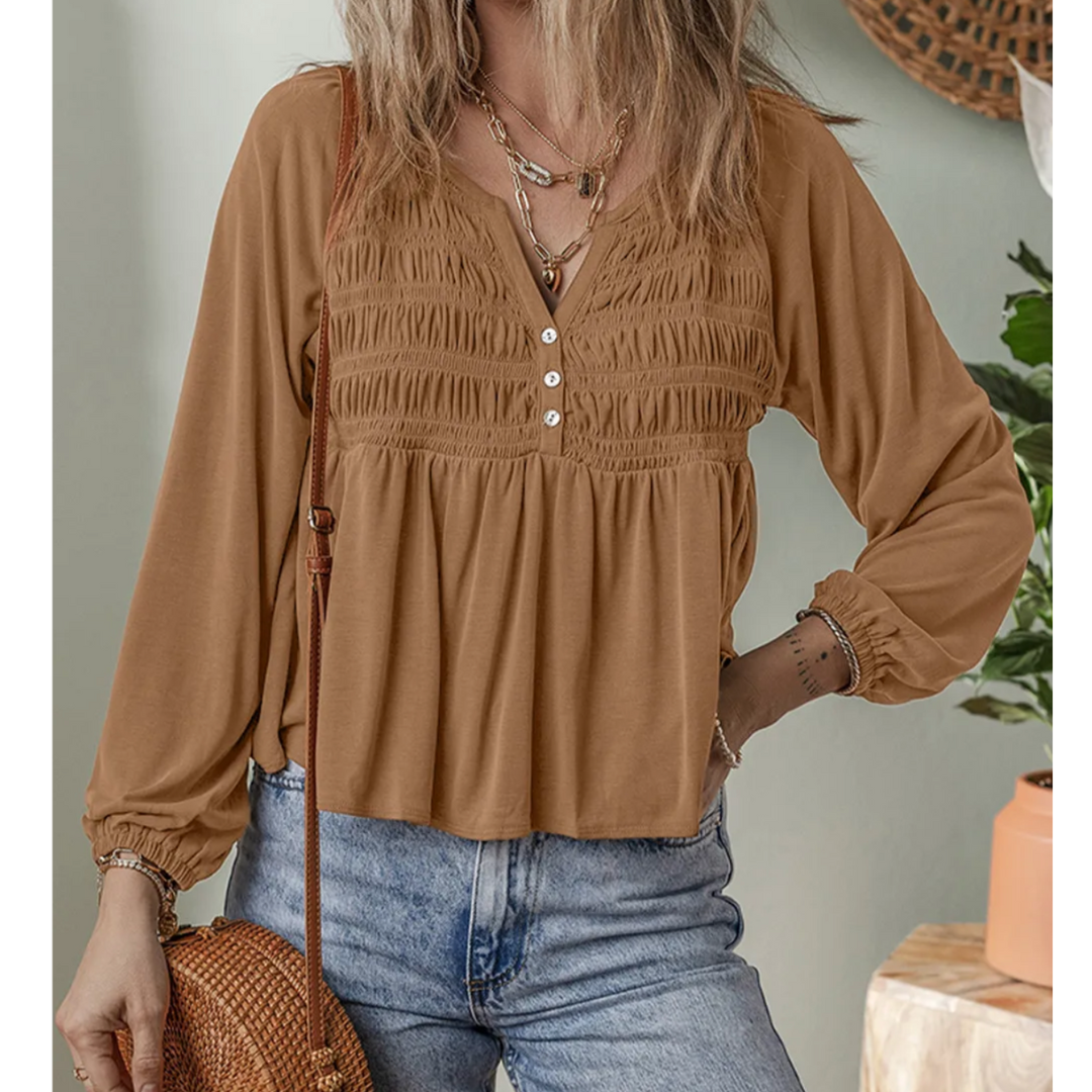 Caramel Breeze Smocked Blouse