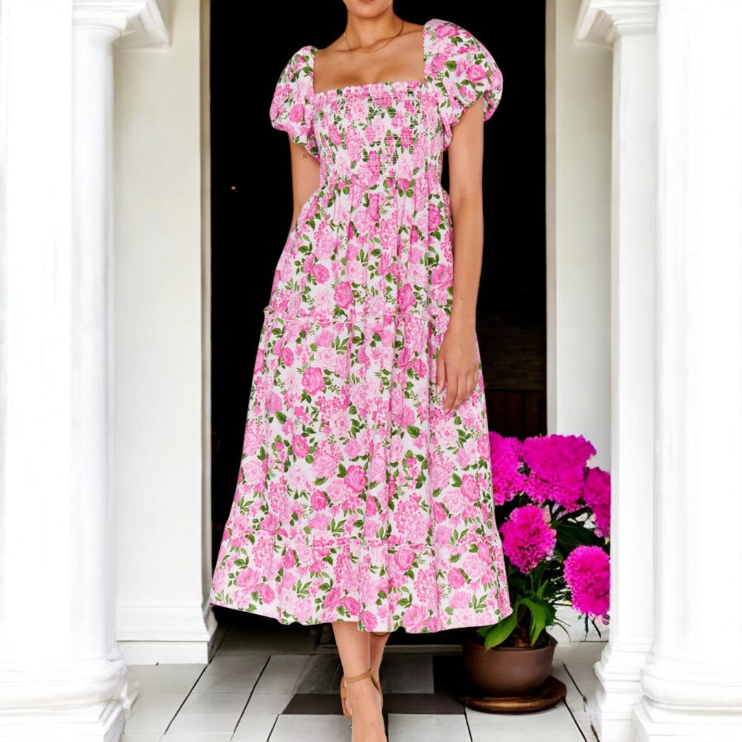 Spring Blooms, Short Sleeve Floral Dress (Small-4X)