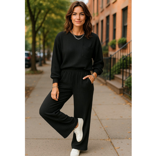 Total Comfort Mode, Waffle Knit Lounge Set – Black